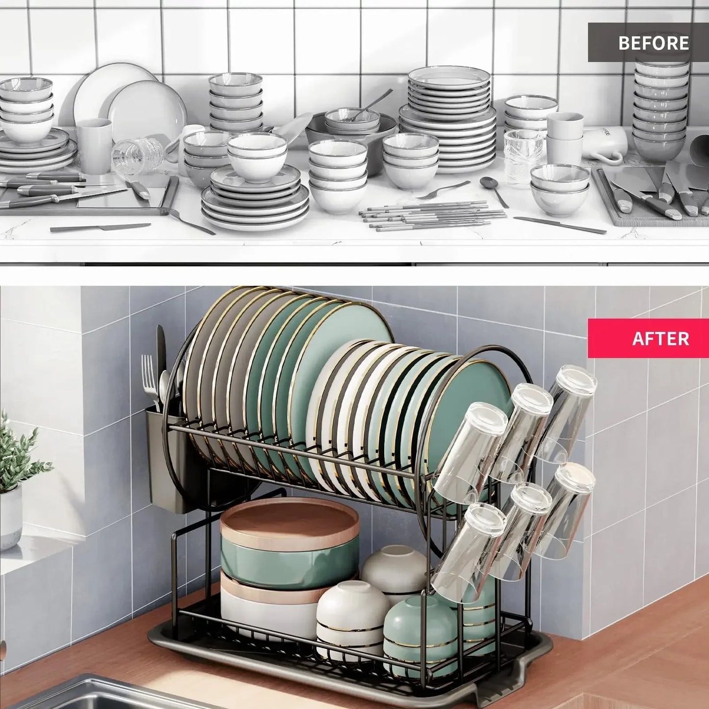 Space-Saving 2-Tier Dish Drying Rack | Rust-Resistant Metal Organizer with Drain Tray