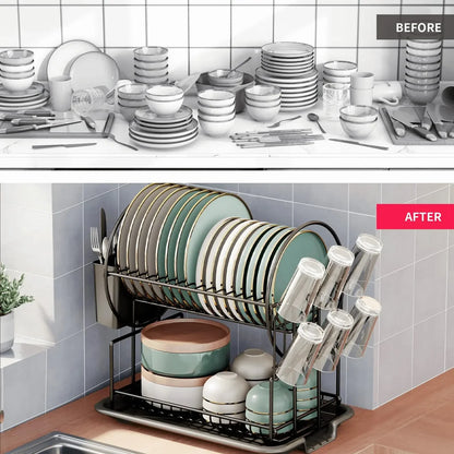 Space-Saving 2-Tier Dish Drying Rack | Rust-Resistant Metal Organizer with Drain Tray