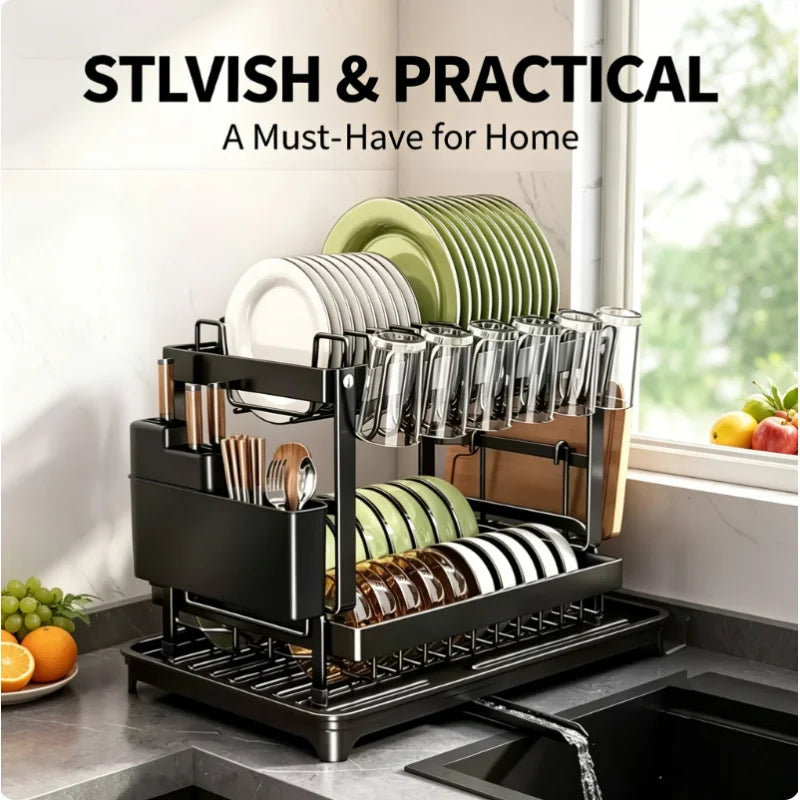 Space Saving Double Tier Dish Drying Rack Rust Resistant Metal with Drain Tray Easy Assemble Kitchen Tableware Holder