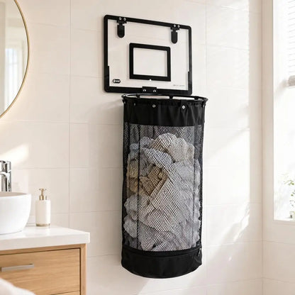 Laundry Basket with Basketball Hoop and Zipper Bottom Breathable Mesh Storage Bag Hanging Organizer for Dirty Clothes